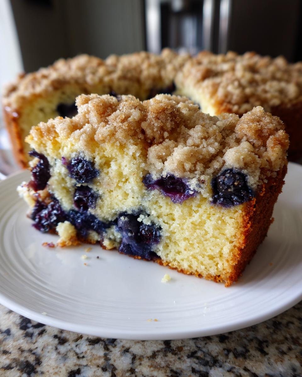 Close-up of a moist slice of blueberry breakfast cake featuring a thick, sugary crumb topping, served on a white plate.