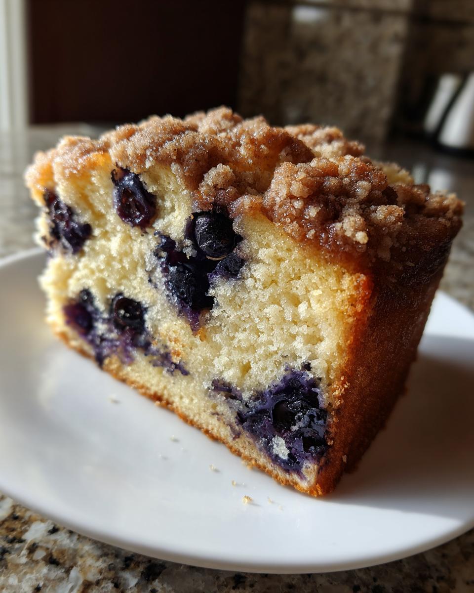 Close-up of a moist slice of blueberry breakfast cake topped with brown sugar streusel, sitting on a white plate.