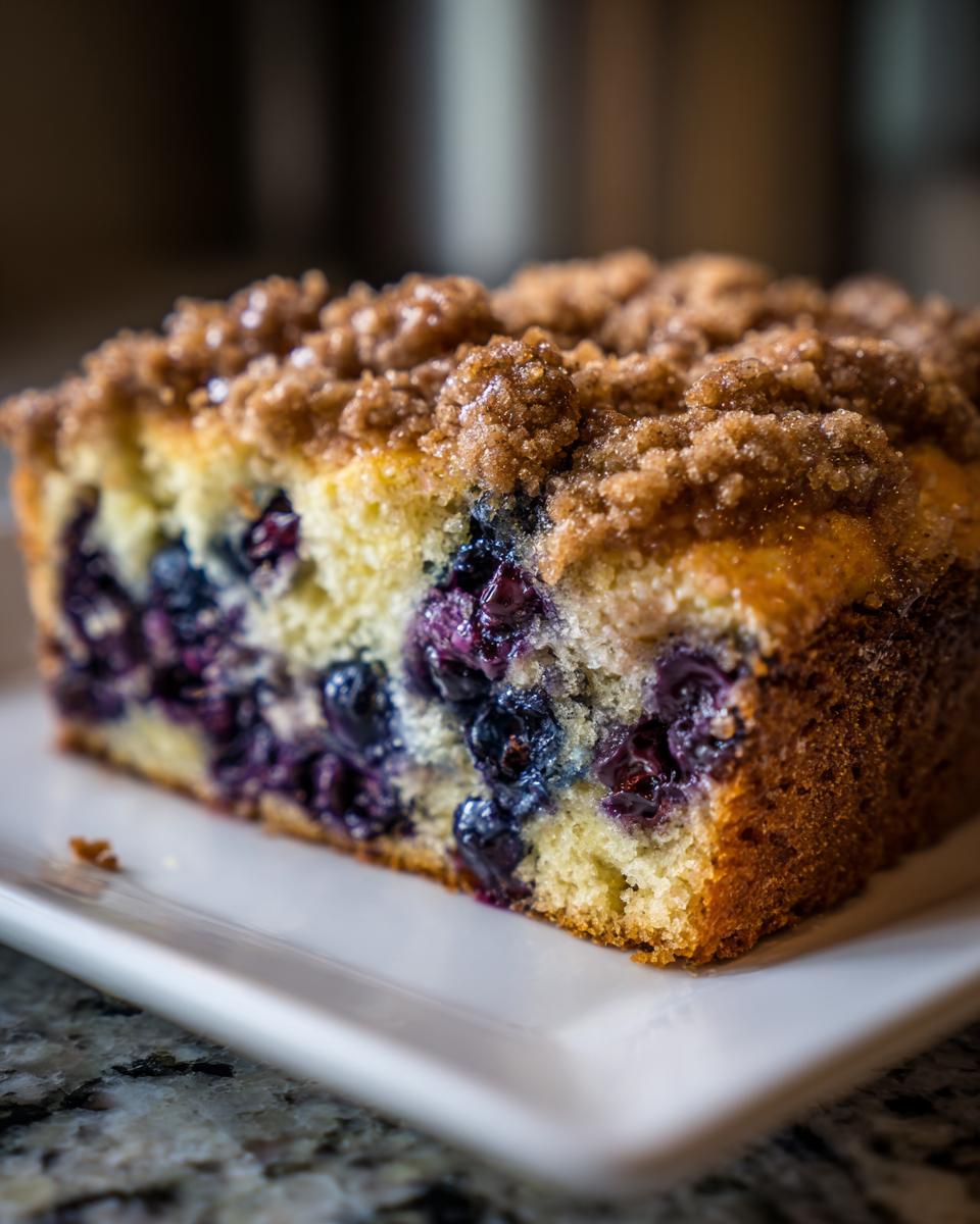 Close-up of a moist slice of blueberry breakfast cake topped with brown sugar streusel, served on a white plate.