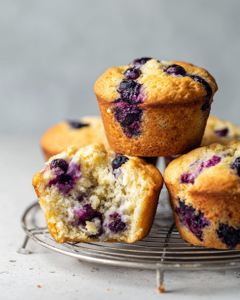 Close-up of moist blueberry cottage cheese muffins, one broken open showing the texture and berries.
