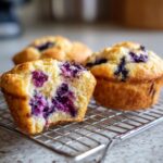 Close-up of moist blueberry cottage cheese muffins cooling on a wire rack, one is broken open showing the purple berry interior.