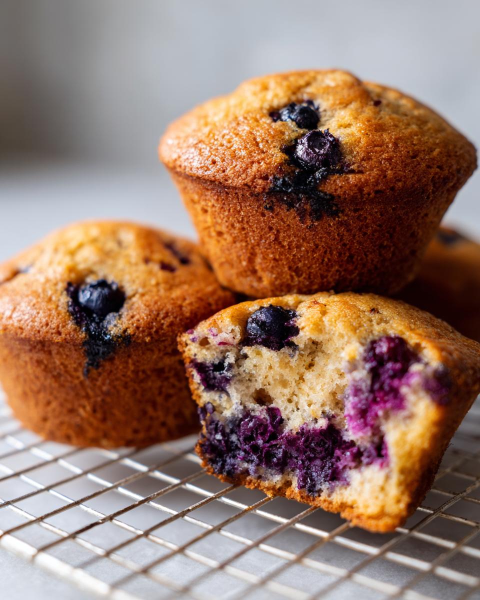 Close-up of golden blueberry cottage cheese muffins, one broken open showing moist interior and burst blueberries.