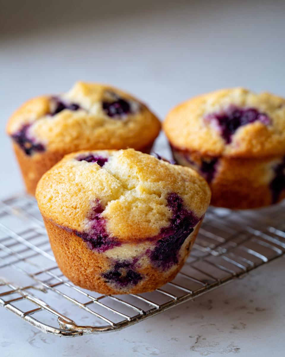 Three golden blueberry cottage cheese muffins cooling on a wire rack, showing vibrant purple blueberry swirls.