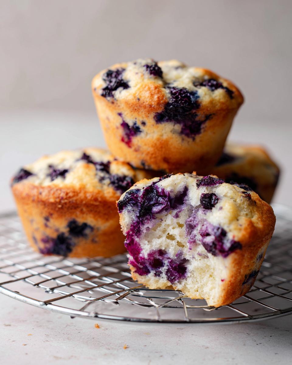 Close-up of several blueberry cottage cheese muffins stacked on a wire rack, one is broken open showing the moist interior.