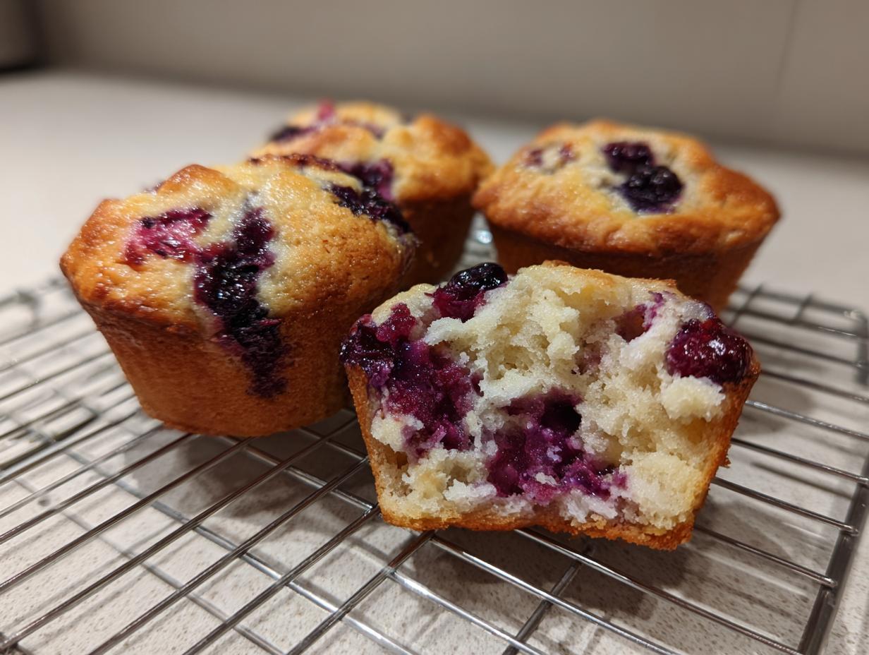 Close-up of moist blueberry cottage cheese muffins cooling on a wire rack, one is cut open showing the interior.