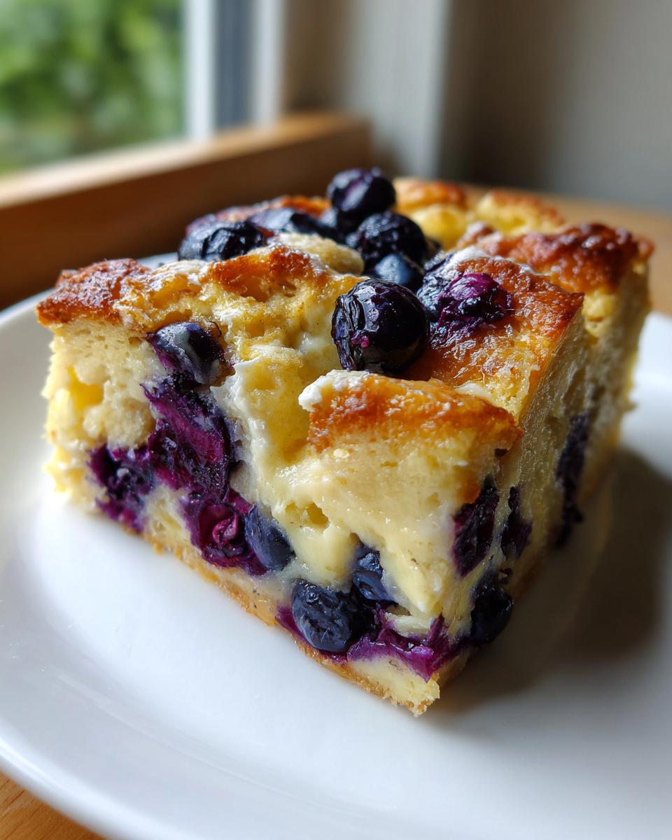 A close-up of a square slice of golden baked blueberry french toast casserole on a white plate.