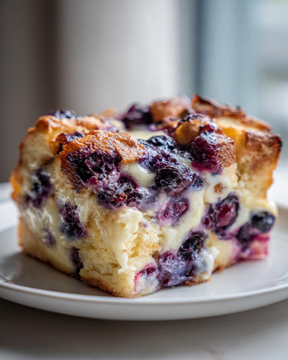 Close-up of a moist slice of blueberry french toast casserole with creamy custard and baked blueberries.