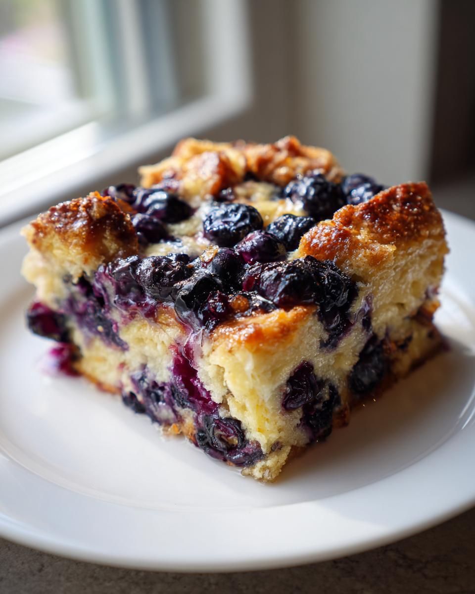A close-up of a golden-brown slice of blueberry french toast casserole, rich with juicy berries, served on a white plate.
