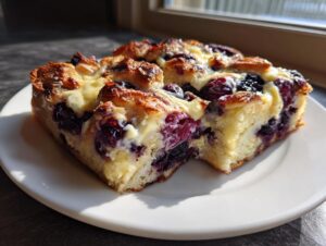 A close-up of a serving of blueberry french toast casserole with visible custard and browned edges.