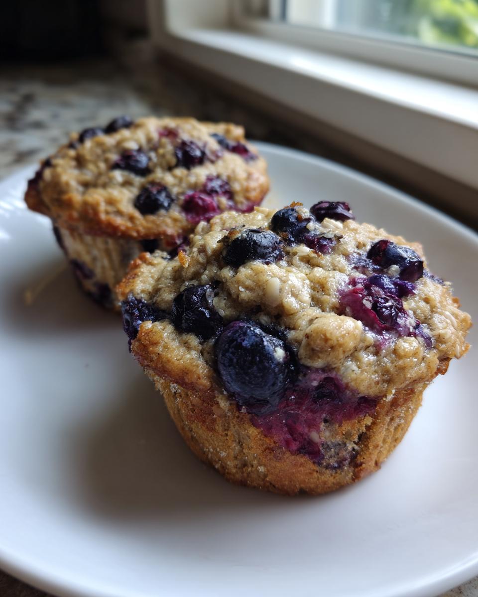 Close-up of two freshly baked blueberry oatmeal muffins with visible oats and burst blueberries on a white plate.