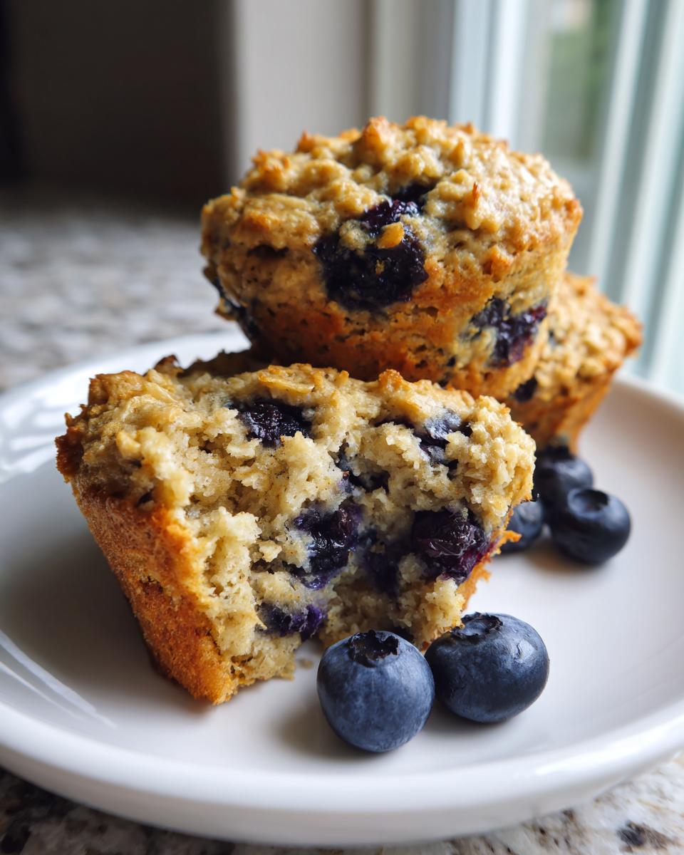 Close-up of a halved blueberry oatmeal muffin showing the moist interior packed with blueberries, served with fresh blueberries.
