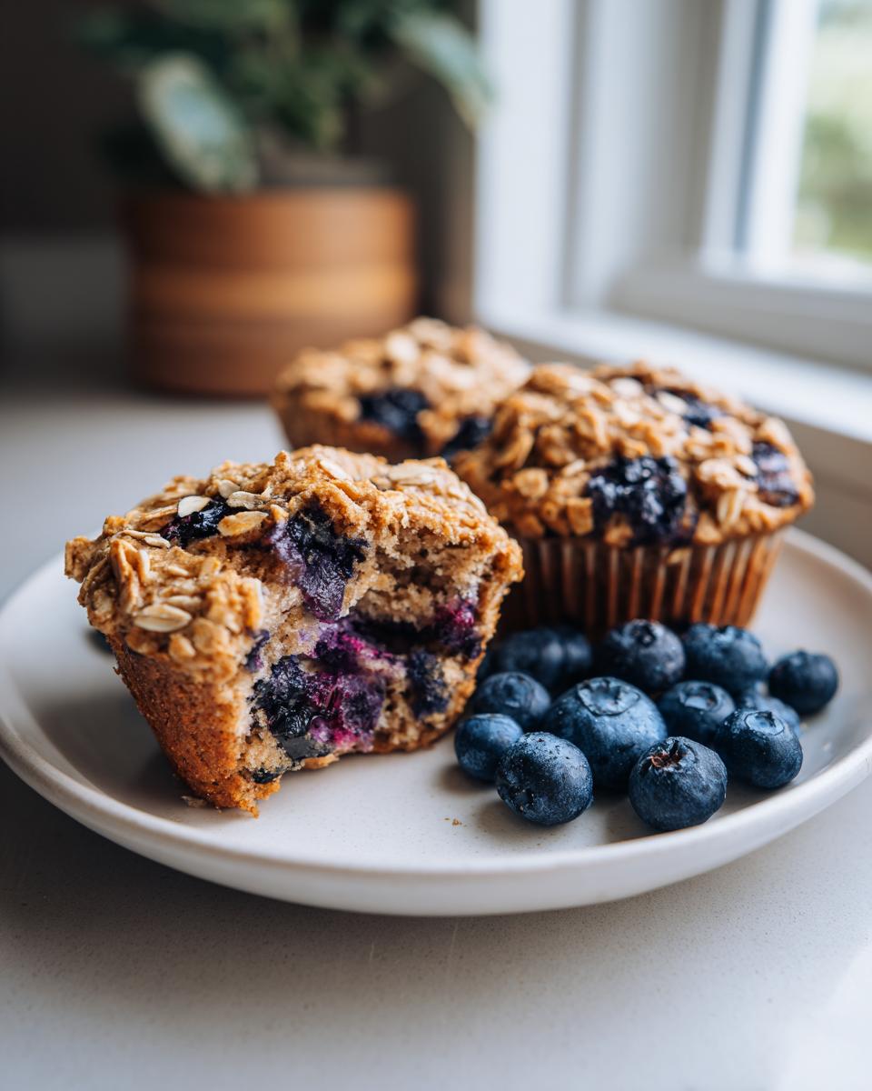 A close-up of a halved blueberry oatmeal muffin showing the moist interior and fresh blueberries scattered on the plate.