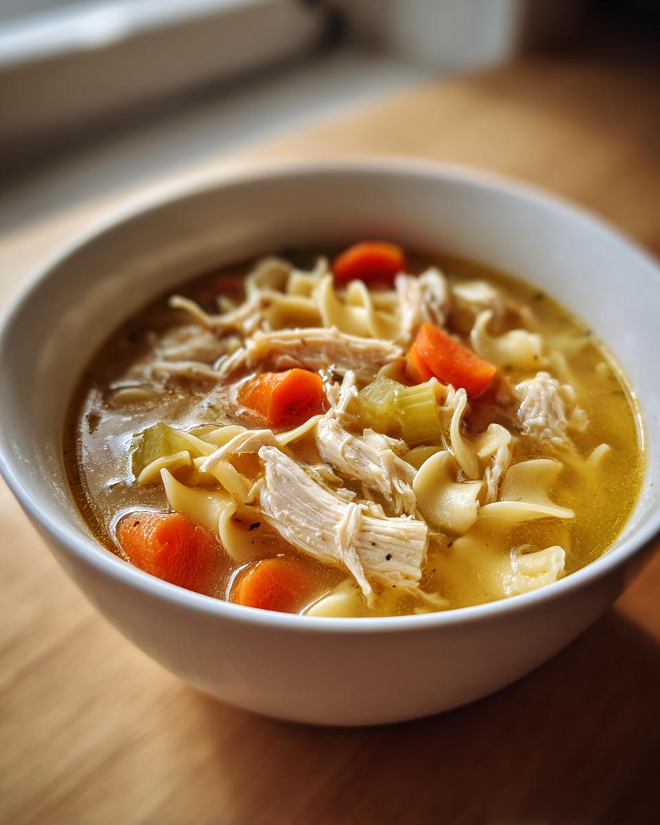 Close-up of a white bowl filled with rich turkey noodle soup, featuring shredded turkey, bright carrots, and wide egg noodles.