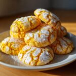A stack of vibrant yellow lemon crinkle cookies heavily dusted with powdered sugar, sitting on a white plate.