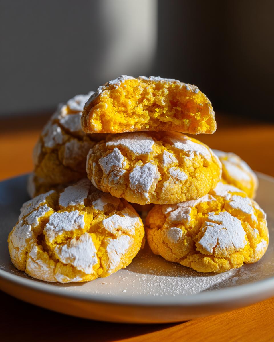 A stack of vibrant yellow lemon crinkle cookies dusted heavily with powdered sugar, one cookie broken open to show the soft interior.