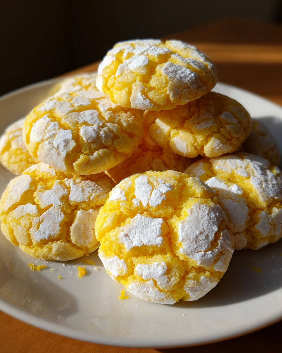 A stack of bright yellow lemon crinkle cookies generously dusted with powdered sugar, sitting on a white plate.