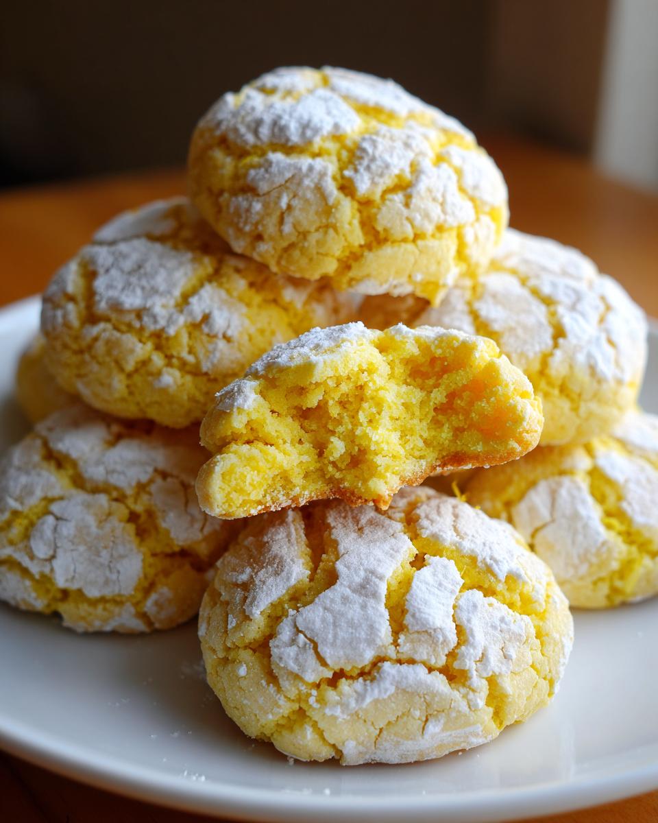 A stack of bright yellow lemon crinkle cookies heavily dusted with powdered sugar, one cookie broken open to show the soft interior.