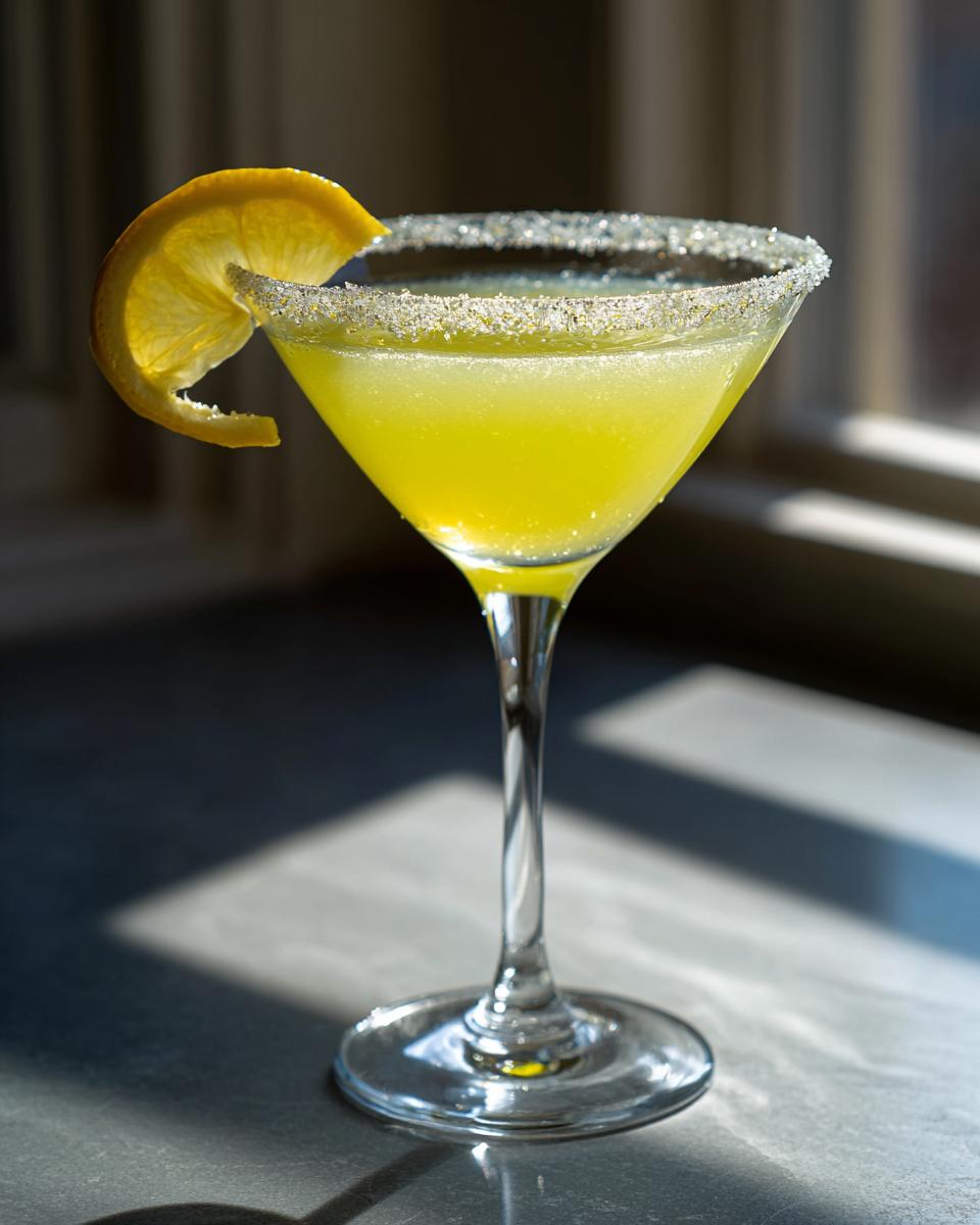 A bright yellow lemon drop cocktail served in a sugar-rimmed martini glass with a lemon wheel garnish.