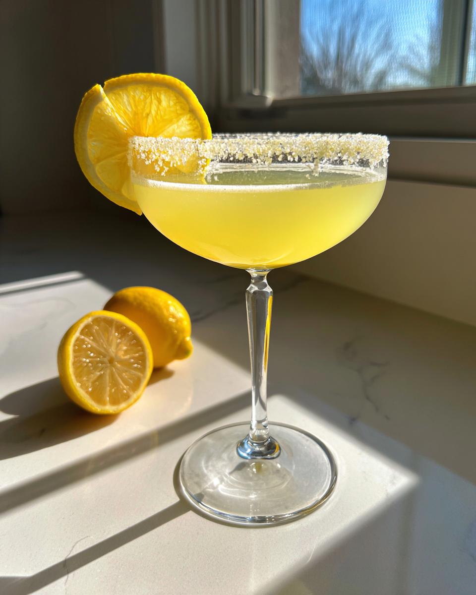 A bright yellow lemon drop cocktail served in a stemmed coupe glass with a sugar rim and lemon slice garnish.