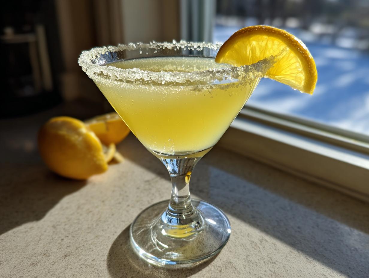A bright yellow lemon drop cocktail in a martini glass with a sugar rim and lemon slice garnish.