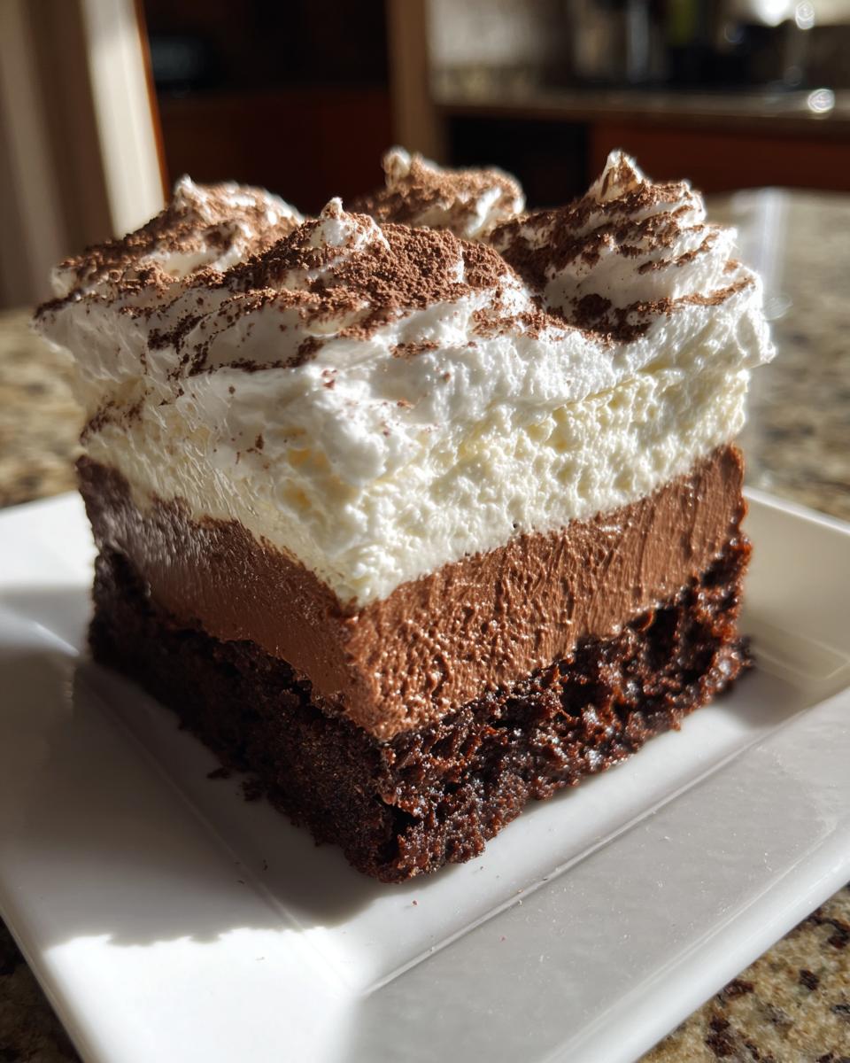 A layered slice of brownie refrigerator cake featuring a dense brownie base, chocolate mousse, and whipped cream topping dusted with cocoa.
