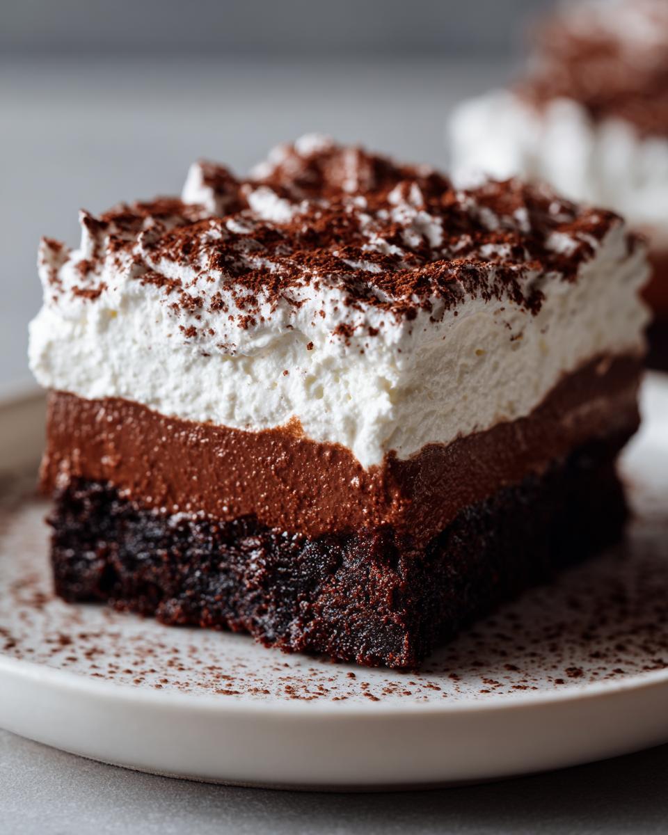 A decadent slice of brownie refrigerator cake featuring a dense brownie base, chocolate mousse layer, and whipped cream dusted with cocoa.