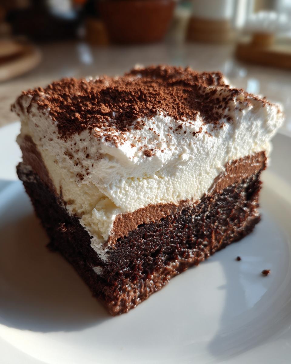 Close-up of a rich slice of brownie refrigerator cake with layers of dark chocolate, mousse, and thick whipped cream dusted with cocoa.