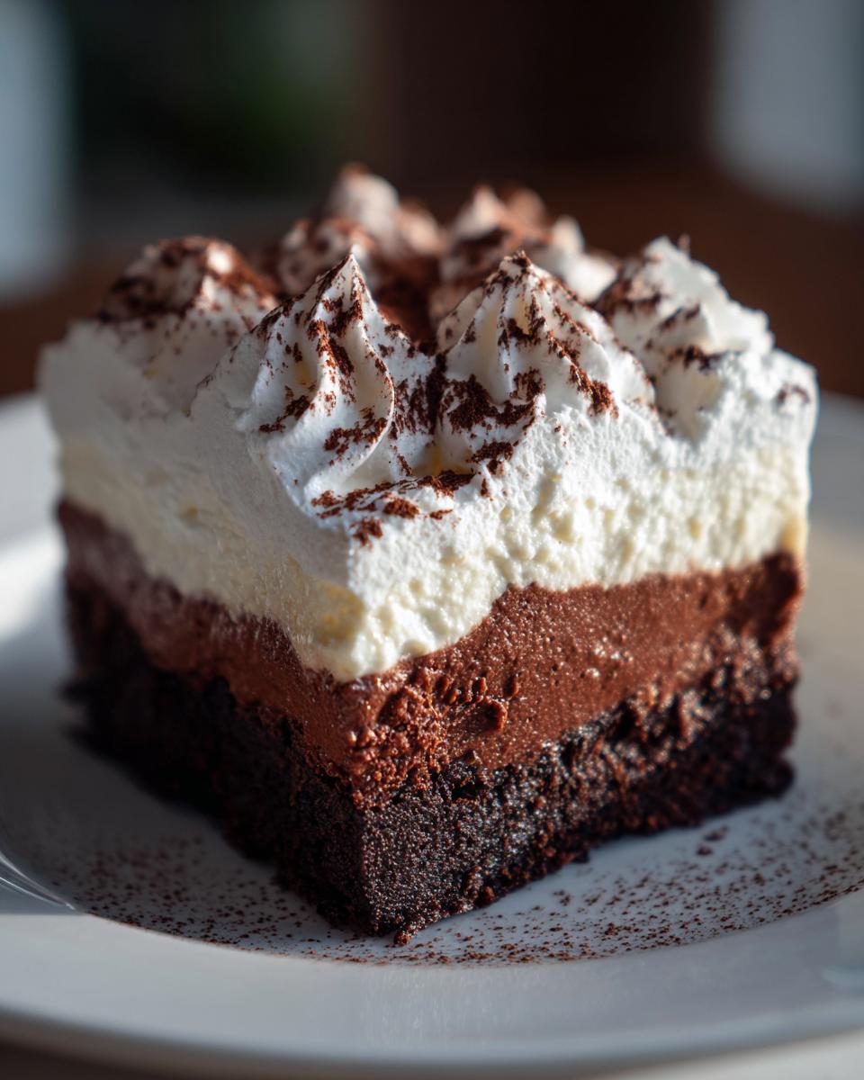 A decadent slice of brownie refrigerator cake showing three distinct layers: dark brownie base, chocolate mousse, and whipped cream dusted with cocoa.