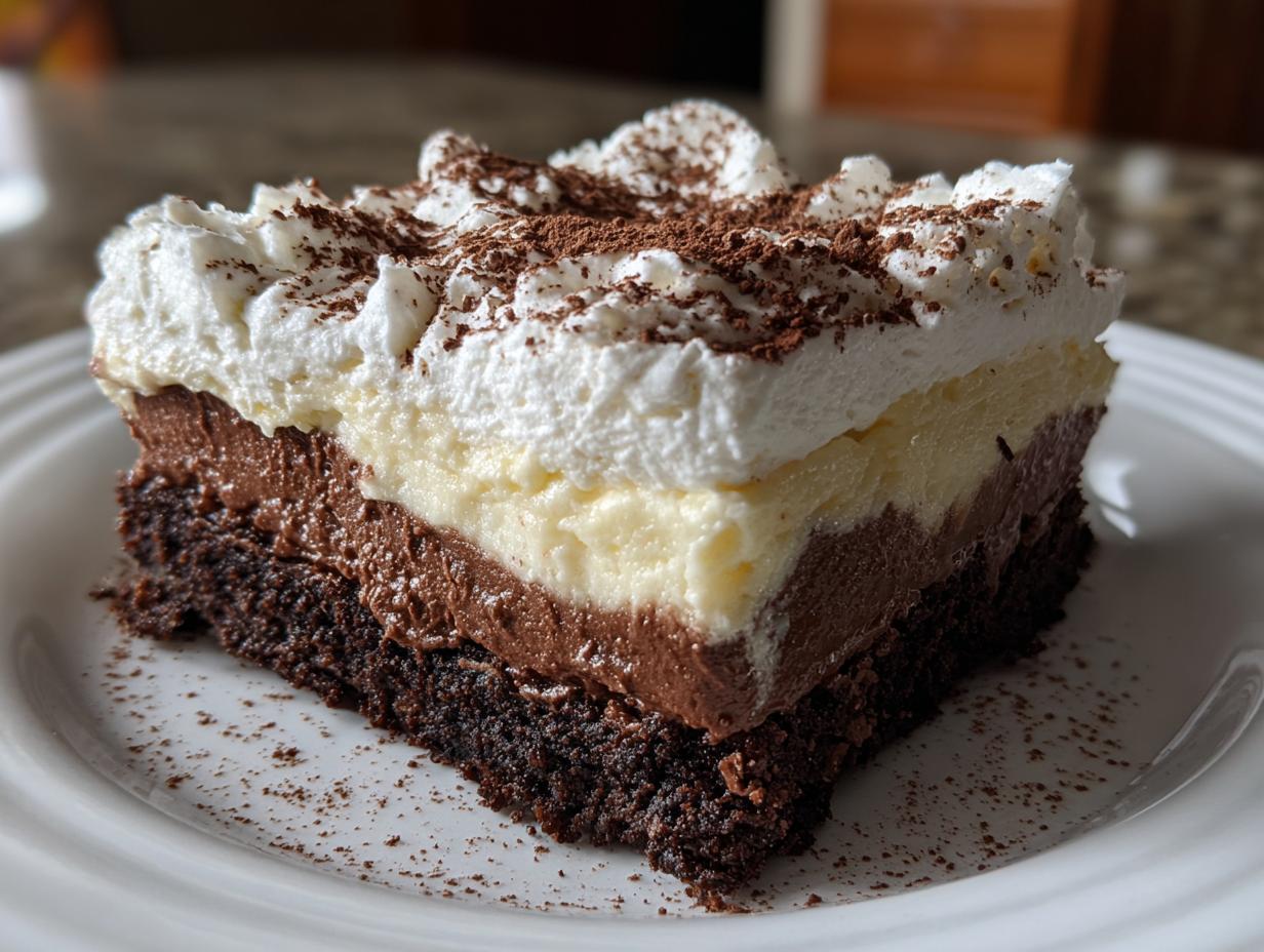 A decadent slice of brownie refrigerator cake featuring layers of dark brownie, chocolate mousse, vanilla cream, and whipped topping dusted with cocoa.