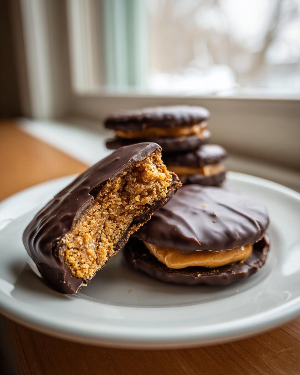 A close-up of a buckeye graham cracker sandwich, cut in half to show the peanut butter filling and crumbly interior, coated in dark chocolate.
