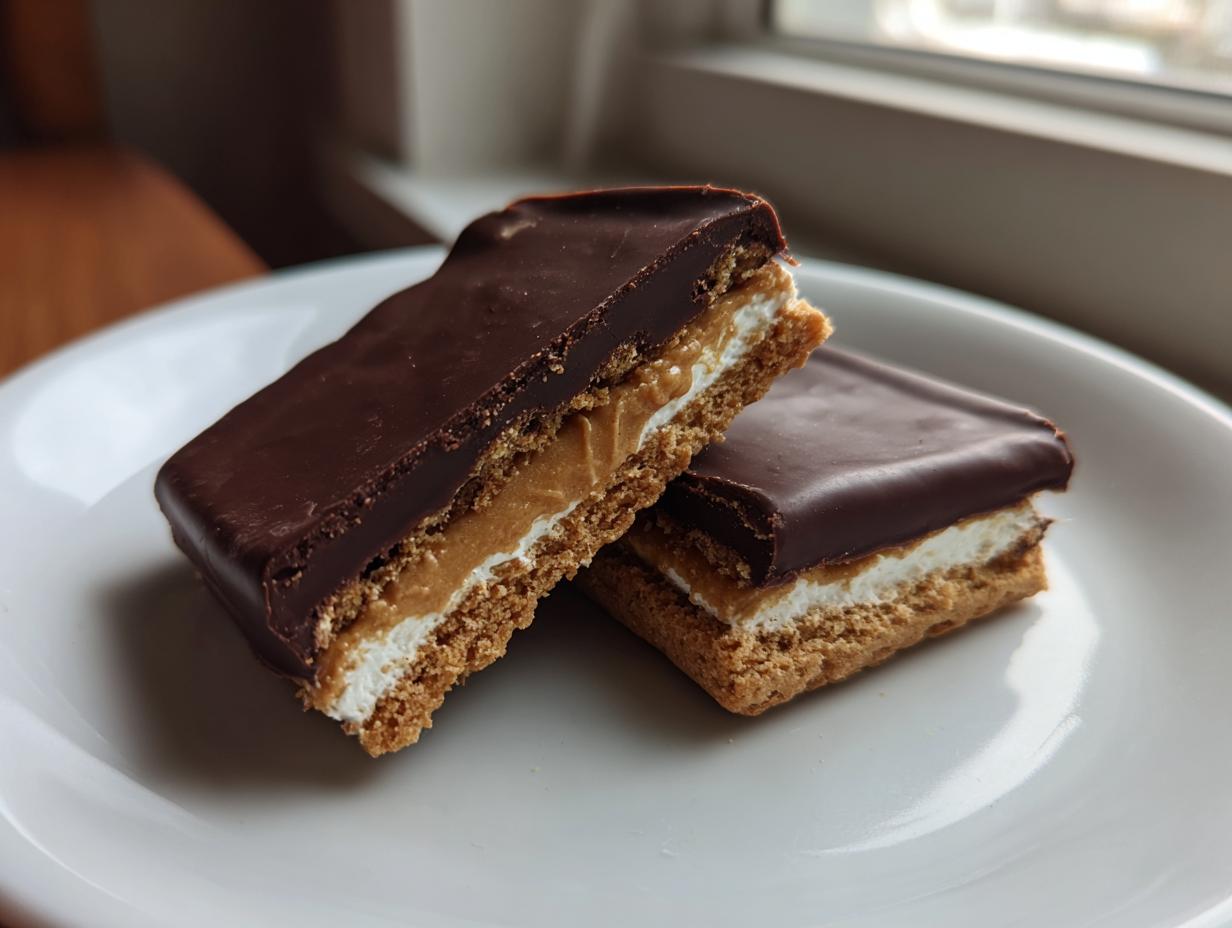 Two halves of a buckeye graham crackers bar showing layers of graham cracker, marshmallow, peanut butter filling, and chocolate coating.