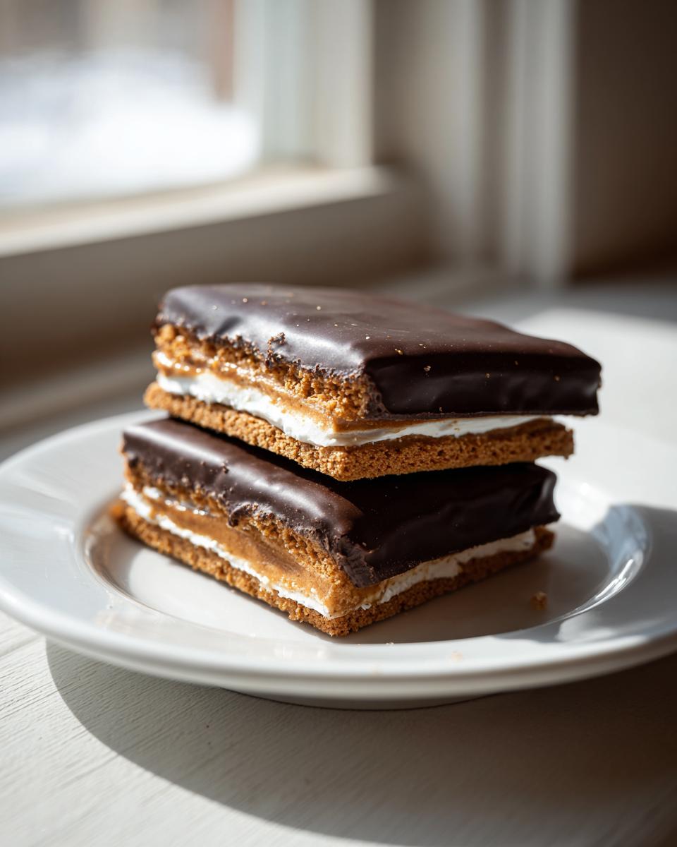 Two stacked homemade buckeye graham crackers with chocolate, peanut butter, and marshmallow filling on a white plate.