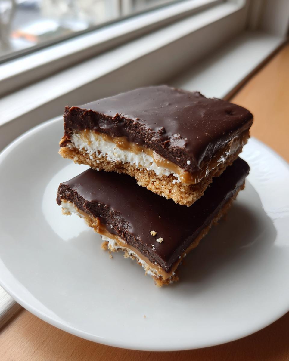 Two stacked squares of buckeye graham crackers bars featuring a crust, white filling, caramel, and thick chocolate topping.