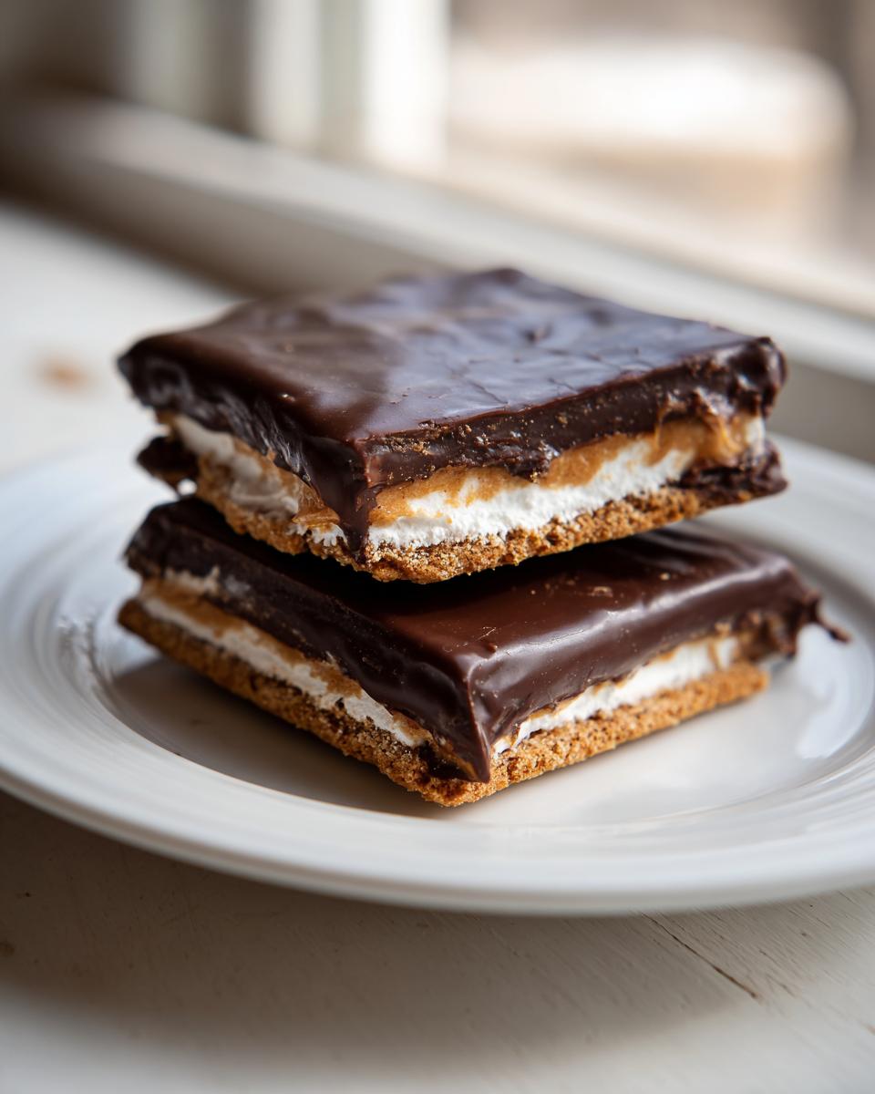 Two stacked bars of buckeye graham crackers featuring a graham base, marshmallow, peanut butter layer, and thick chocolate glaze.