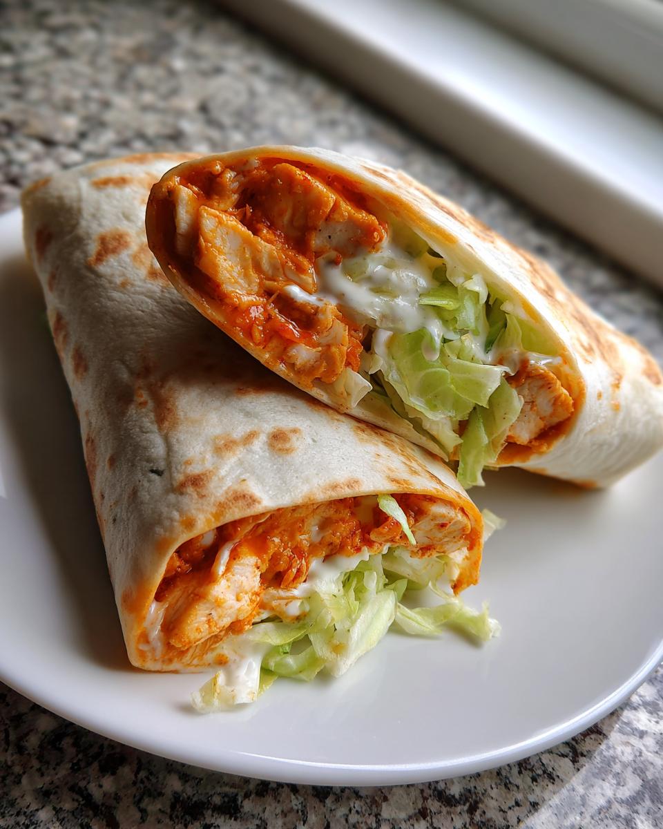 Close-up of a buffalo chicken wrap cut in half, showing orange sauced chicken, ranch dressing, and shredded lettuce.