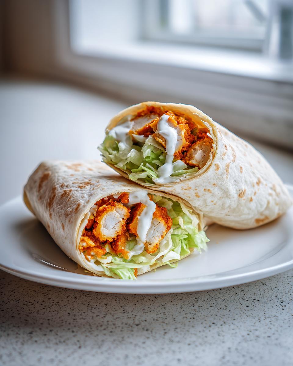 Two halves of a buffalo chicken wrap filled with crispy chicken, lettuce, and ranch dressing, resting on a white plate.
