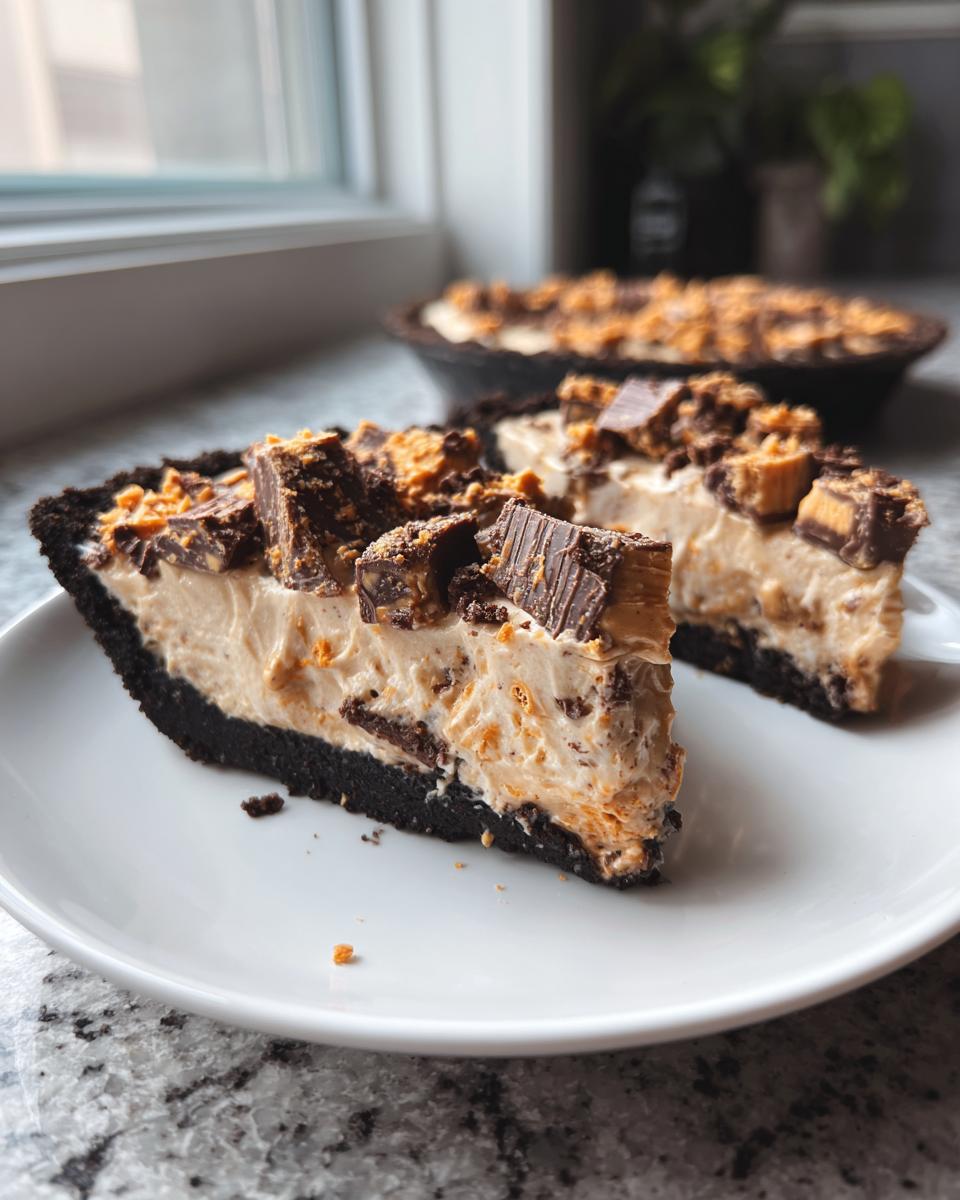 Two slices of rich butterfinger pie with a dark crust and peanut butter filling topped with chopped candy.
