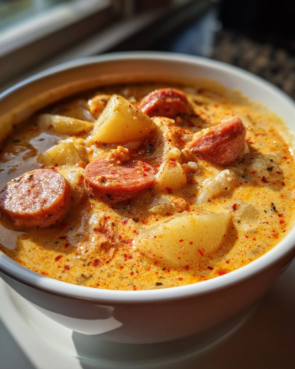 Close-up of a bowl of rich, creamy Cajun potato soup loaded with chunks of potato and sliced sausage.