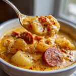 A spoonful of rich, creamy Cajun potato soup featuring chunks of potato and slices of smoked sausage, topped with red pepper flakes.
