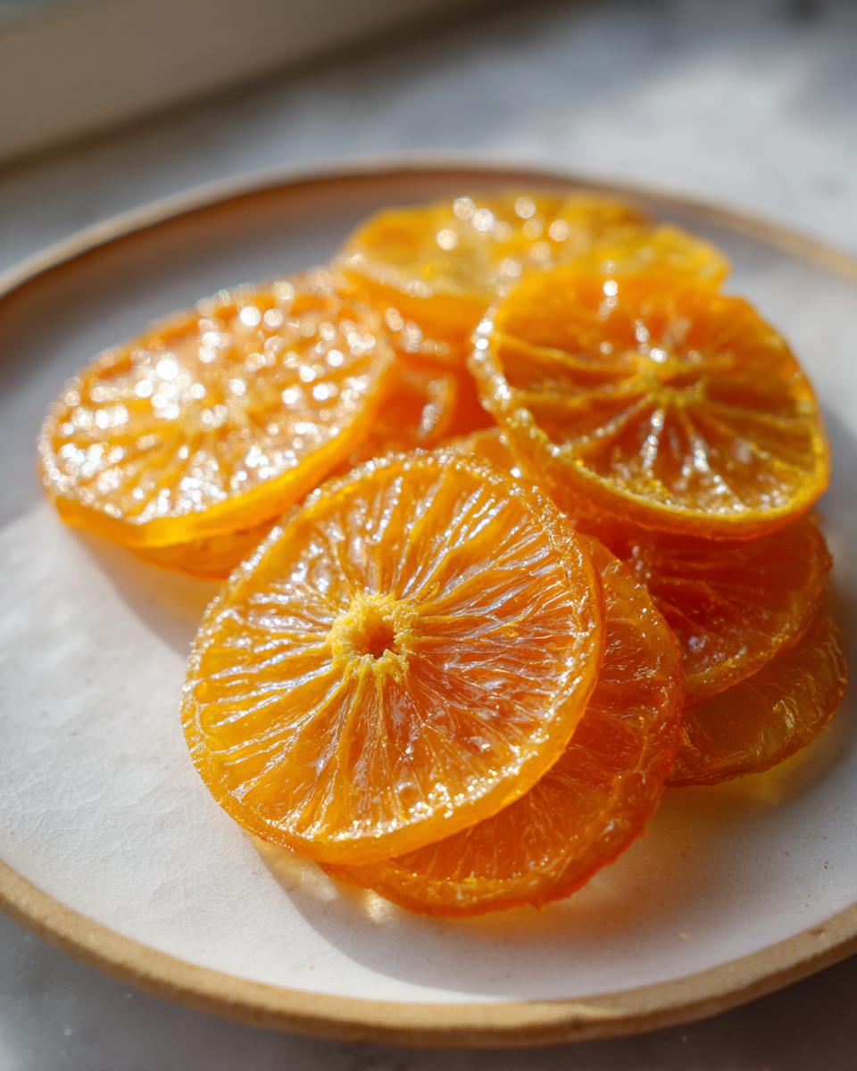 Close-up of glistening, bright orange candied orange slices stacked on a light-colored ceramic plate.