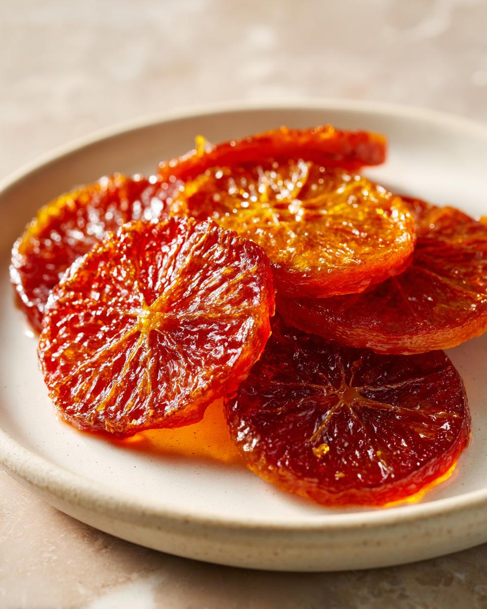 Close-up of glistening, deep red candied orange slices piled on a light ceramic plate.
