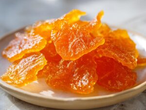 A close-up photo of bright orange, glistening candied orange slices dusted lightly with sugar on a small, light-colored plate.