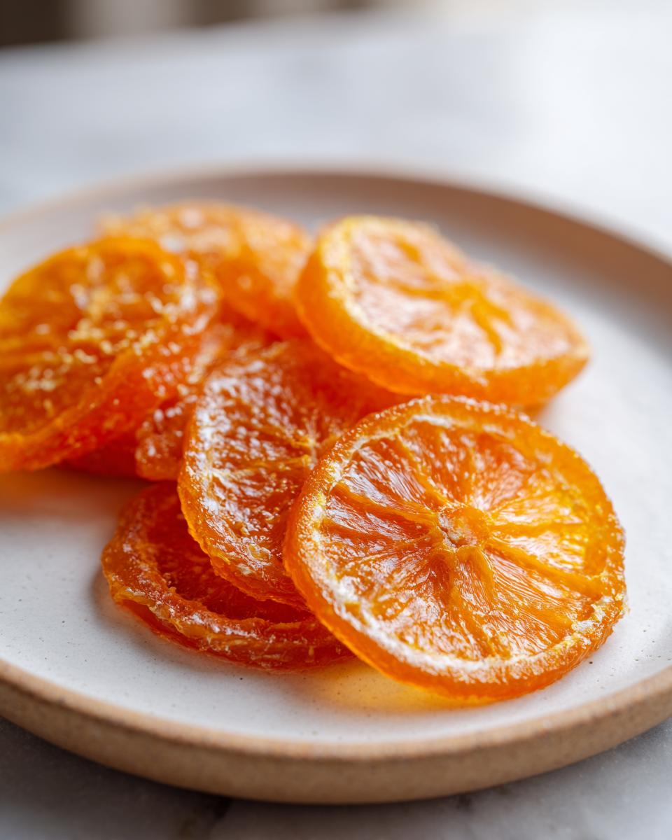A close-up of several glistening, bright orange candied orange slices piled on a light ceramic plate.