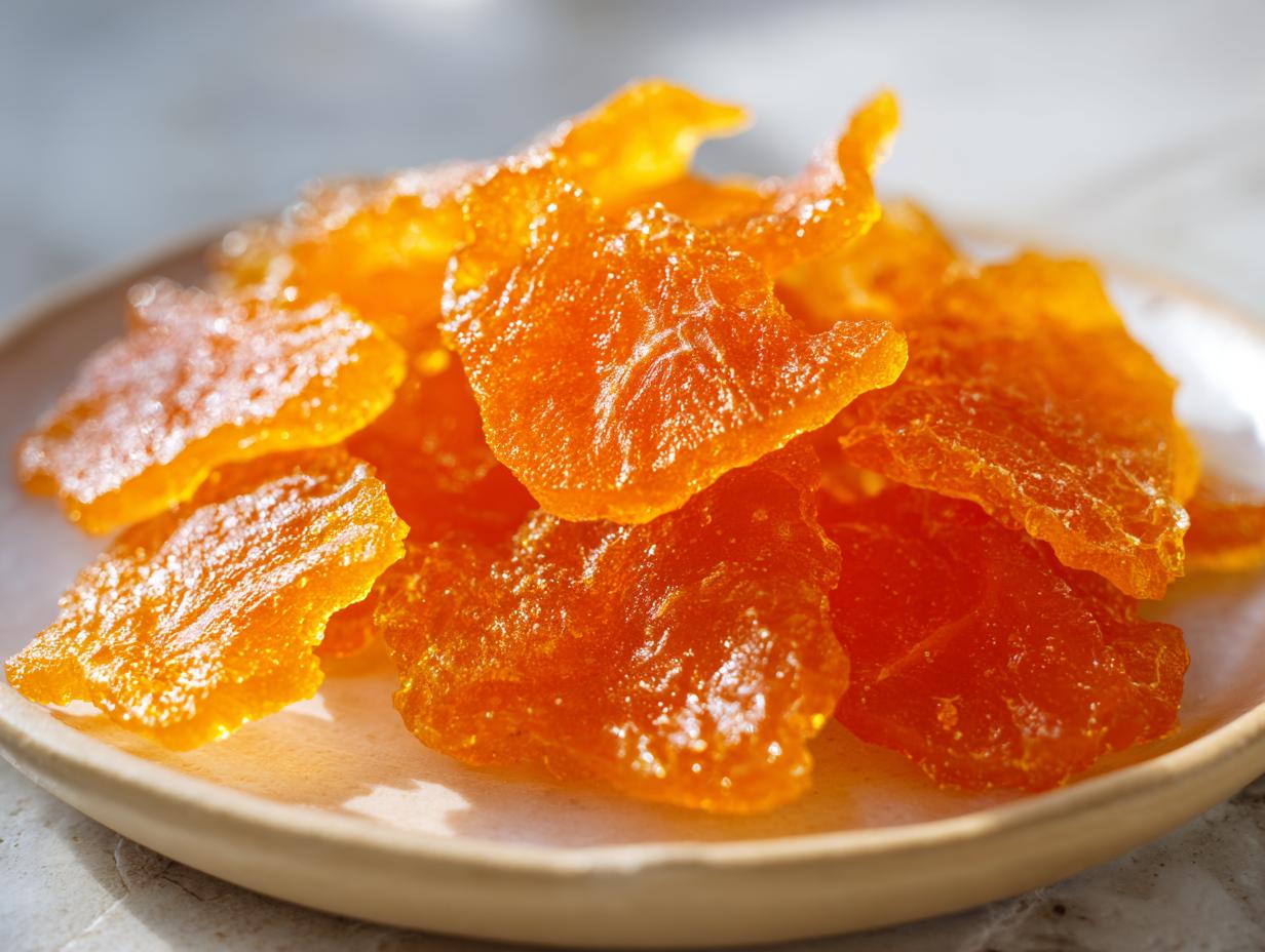 A close-up photo of bright orange, glistening candied orange slices dusted lightly with sugar on a small, light-colored plate.