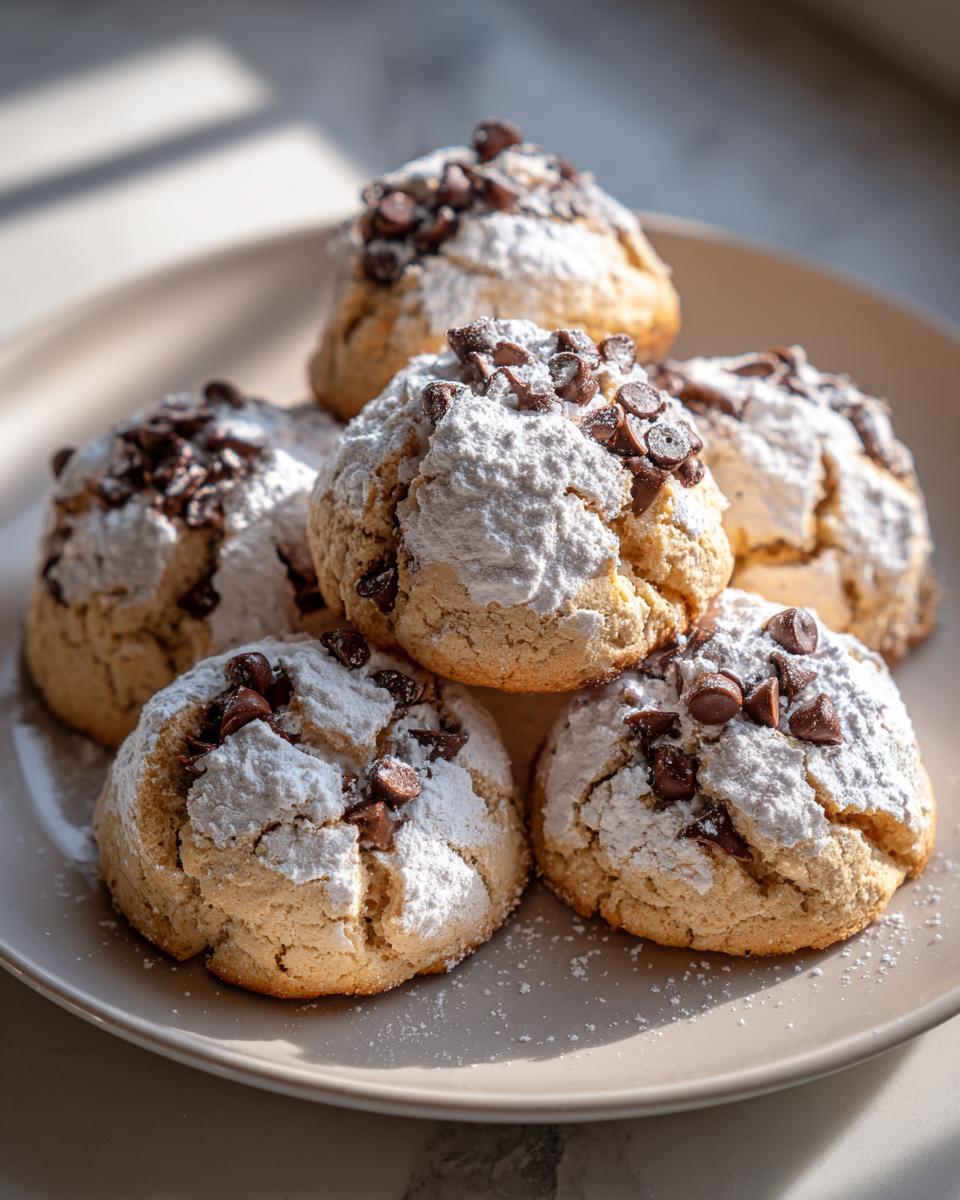 A stack of freshly baked cannoli cookies topped with powdered sugar and mini chocolate chips on a light plate.