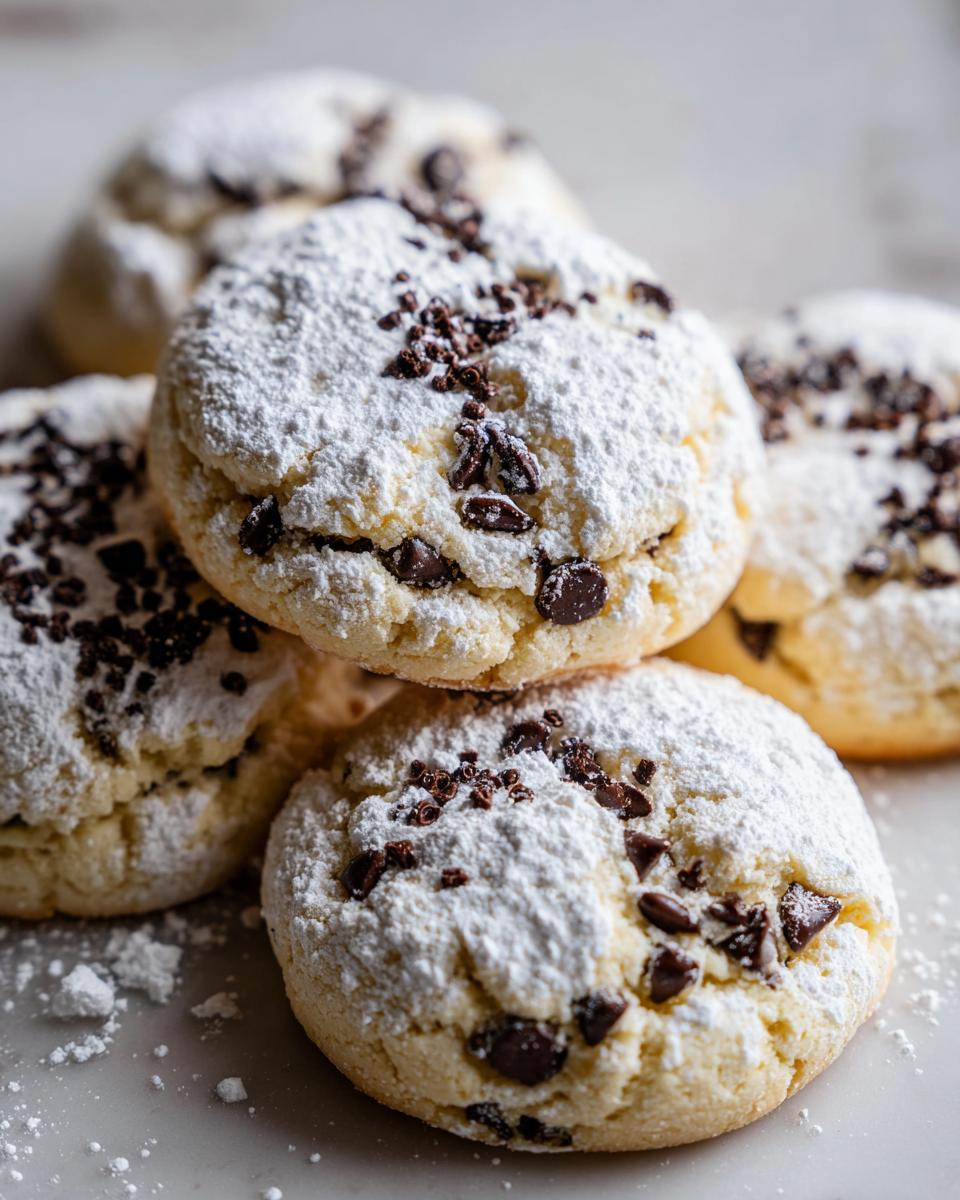 A stack of soft cannoli cookies dusted heavily with powdered sugar and topped with mini chocolate chips.