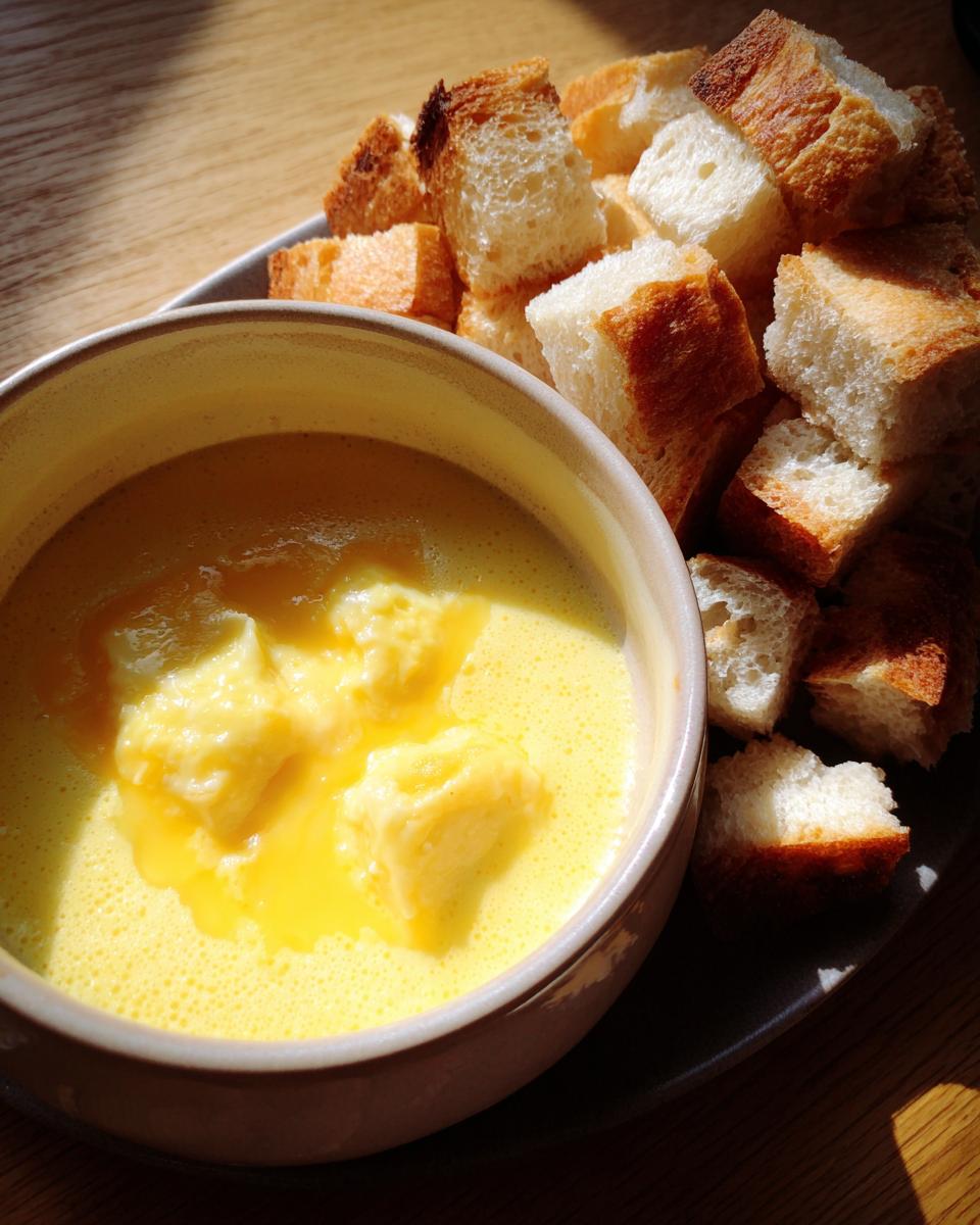 A bowl of bright yellow cheese fondue recipe with chunks of melted cheese, served alongside toasted bread cubes for dipping.