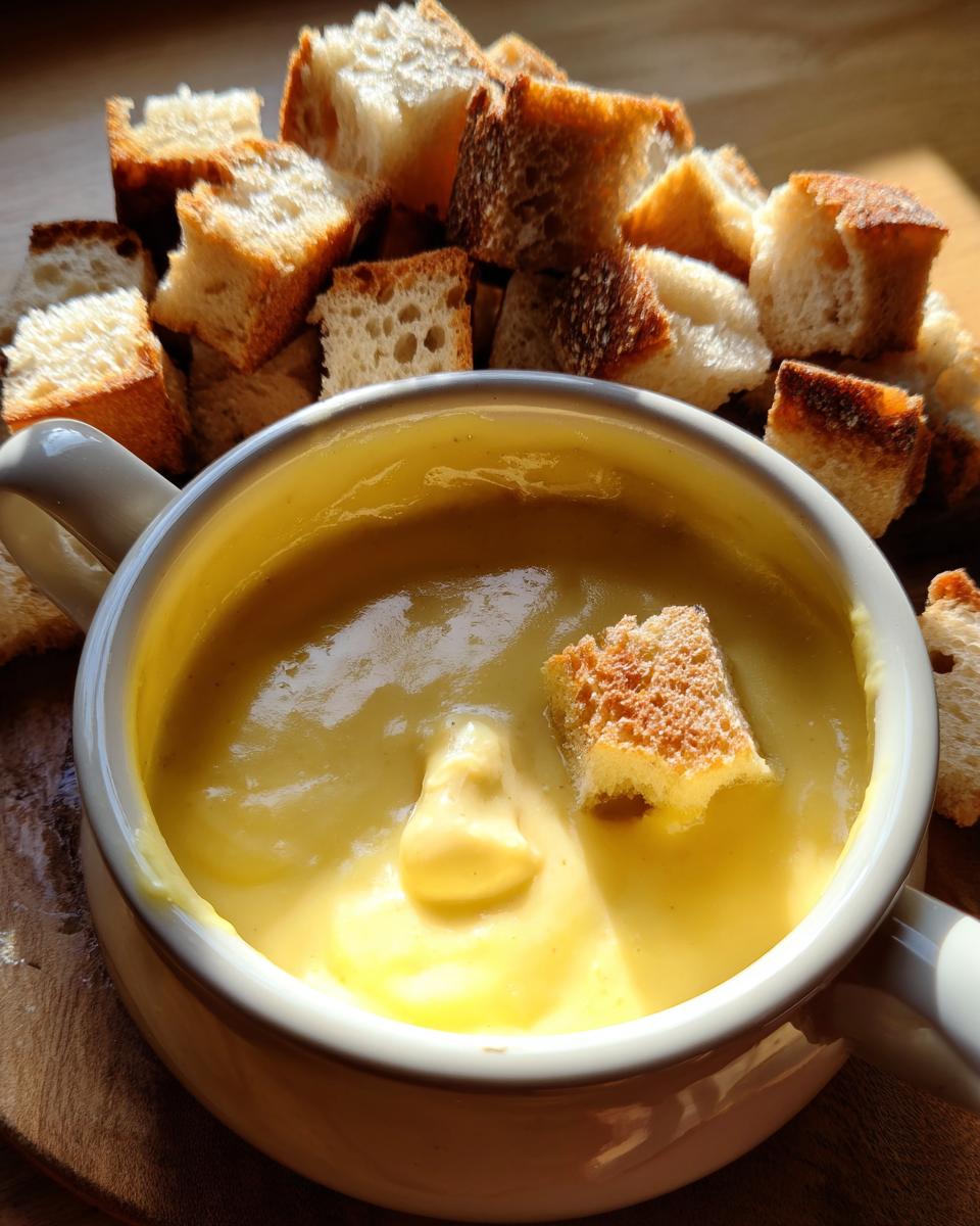 A close-up of a white bowl filled with smooth, yellow cheese fondue recipe, with a piece of toasted bread dipped inside.