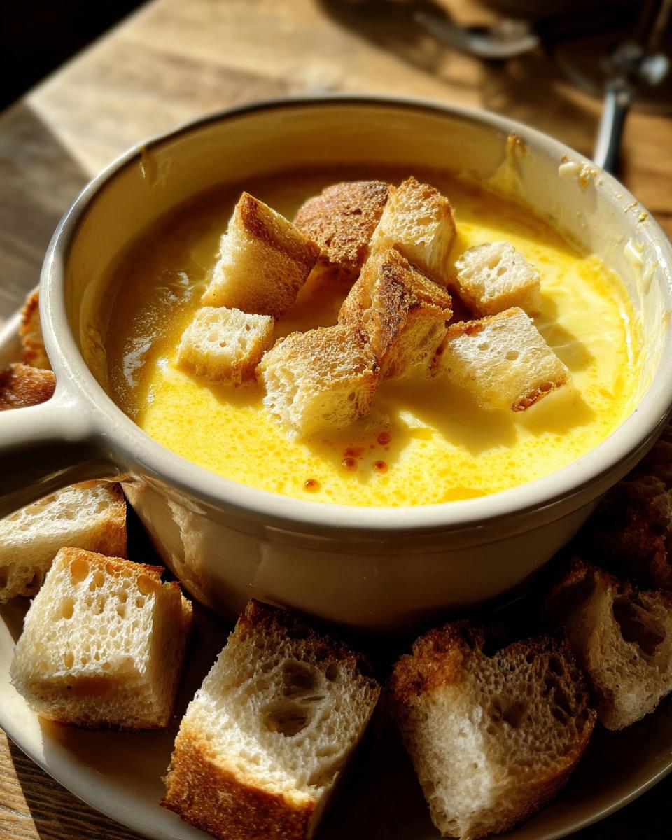 A creamy yellow cheese fondue recipe served in a stoneware bowl, topped with toasted bread cubes for dipping.