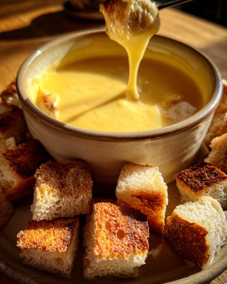 A piece of toasted bread is being dipped into a bowl of smooth, melted cheese fondue recipe.